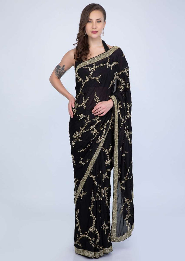 Black heavy satin chiffon saree with floral jaal embroidery only on Kalki