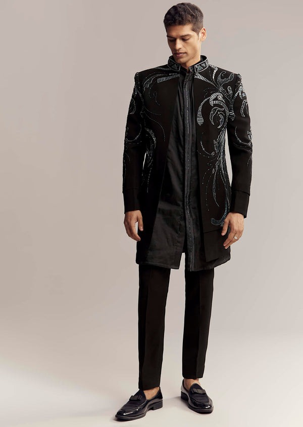 Black Imported Organza Indo Western For Men With Heavy Embroidery