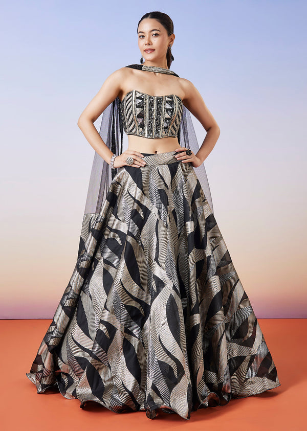 Black Jacquard Fusion Lehenga With Dupatta