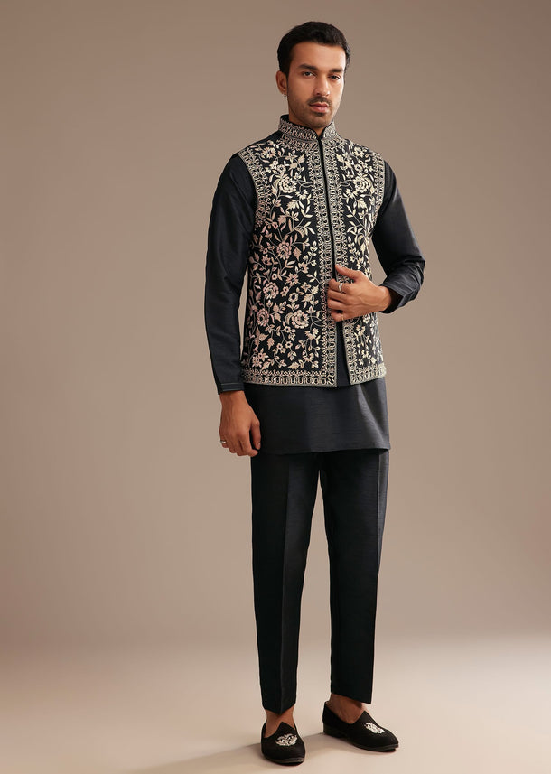 Black Kurta Jacket Set With Resham And Mirror Work