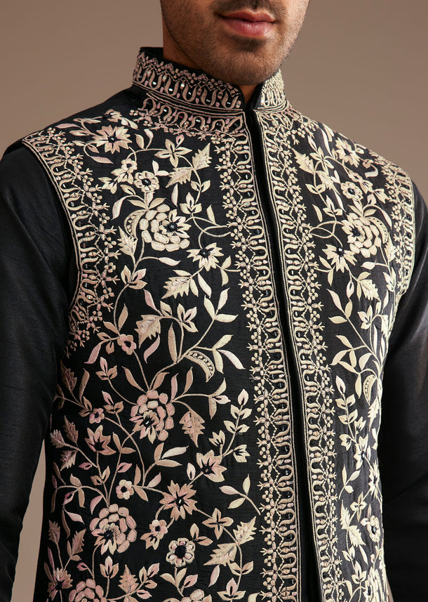 Black Kurta Jacket Set With Resham And Mirror Work