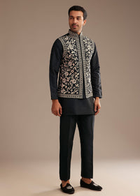 Black Kurta Jacket Set With Resham And Mirror Work