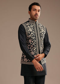 Black Kurta Jacket Set With Resham And Mirror Work