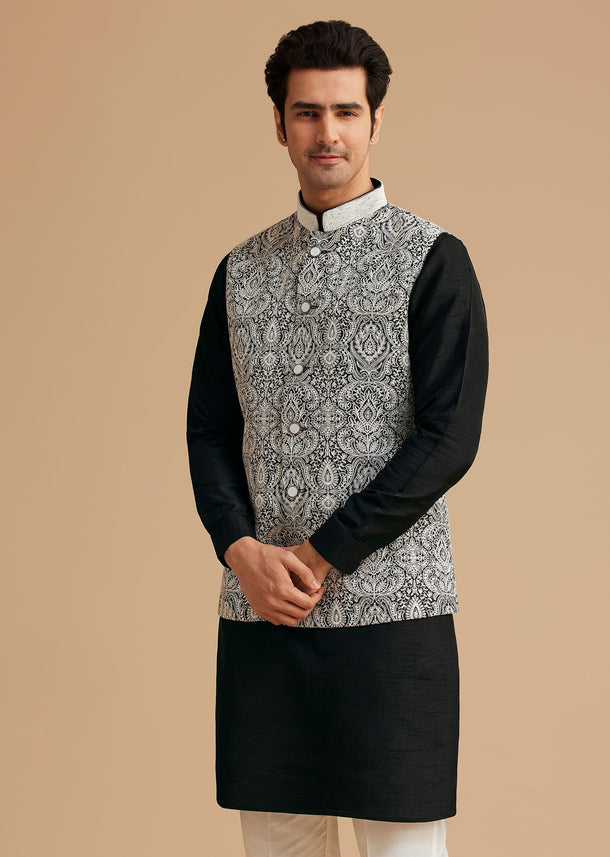Black Kurta Jacket Set With Resham Work And Hand Embroidered Collar