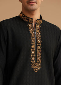 Black Kurta Set With Moti And Mirror Embroidery