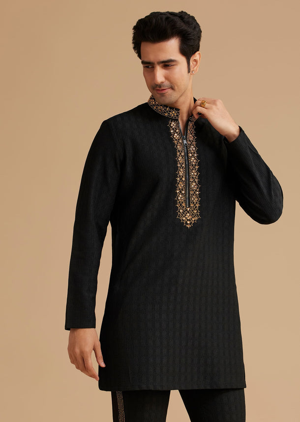 Black Kurta Set With Moti And Mirror Embroidery
