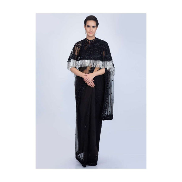 Black Saree In Self Embroidered Net With Tasseled Cape Online - Kalki Fashion