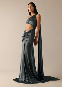 Black One Shoulder Fishcut Gown With Attached Drape