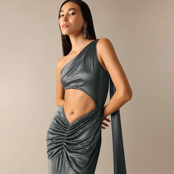 Black One Shoulder Fishcut Gown With Attached Drape