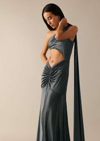 Black One Shoulder Fishcut Gown With Attached Drape