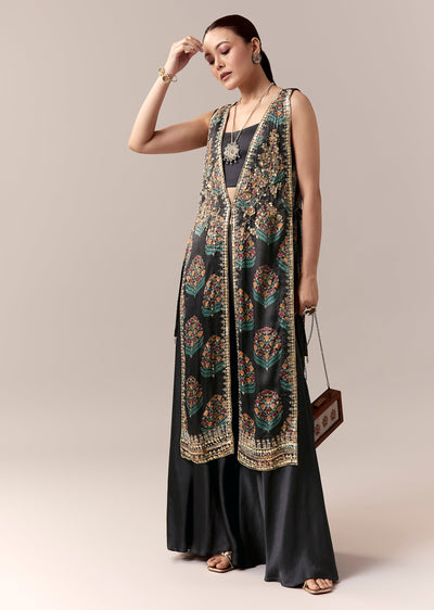 Black Palazzo Suit With Printed Sequins Work Jacket