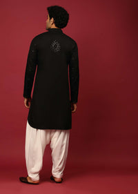 Black Pathani Suit In Cotton With Mirror And Thread Embroidered Buttis And Heavy Placket Design