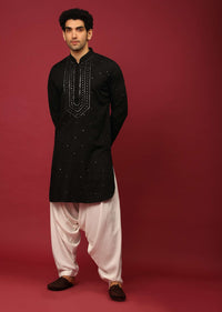 Black Pathani Suit In Cotton With Mirror And Thread Embroidered Buttis And Heavy Placket Design