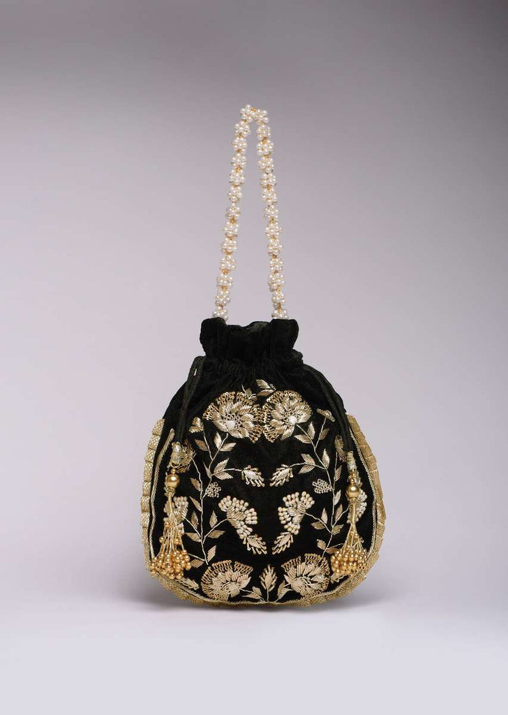 Black Potli Bag In Velvet With Hand Embroidered Floral Design Using Sequins And Zardosi
