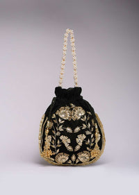 Black Potli Bag In Velvet With Hand Embroidered Floral Design Using Sequins And Zardosi