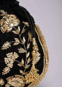 Black Potli Bag In Velvet With Hand Embroidered Floral Design Using Sequins And Zardosi