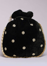 Black Potli Bag In Velvet With Hand Embroidered Floral Design Using Sequins And Zardosi