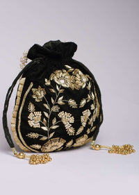 Black Potli Bag In Velvet With Hand Embroidered Floral Design Using Sequins And Zardosi