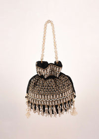 Black Potli In Velvet Heavily Embroidered With Beads And Moti Work In Scalloped And Tassel