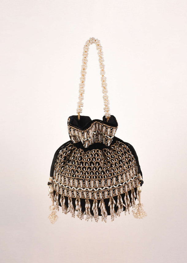 Black Potli In Velvet Heavily Embroidered With Beads And Moti Work In Scalloped And Tassel