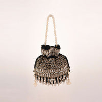 Black Potli In Velvet Heavily Embroidered With Beads And Moti Work In Scalloped And Tassel