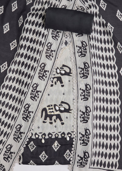 Black Printed Chanderi Unstitched Suit Set With Dupatta