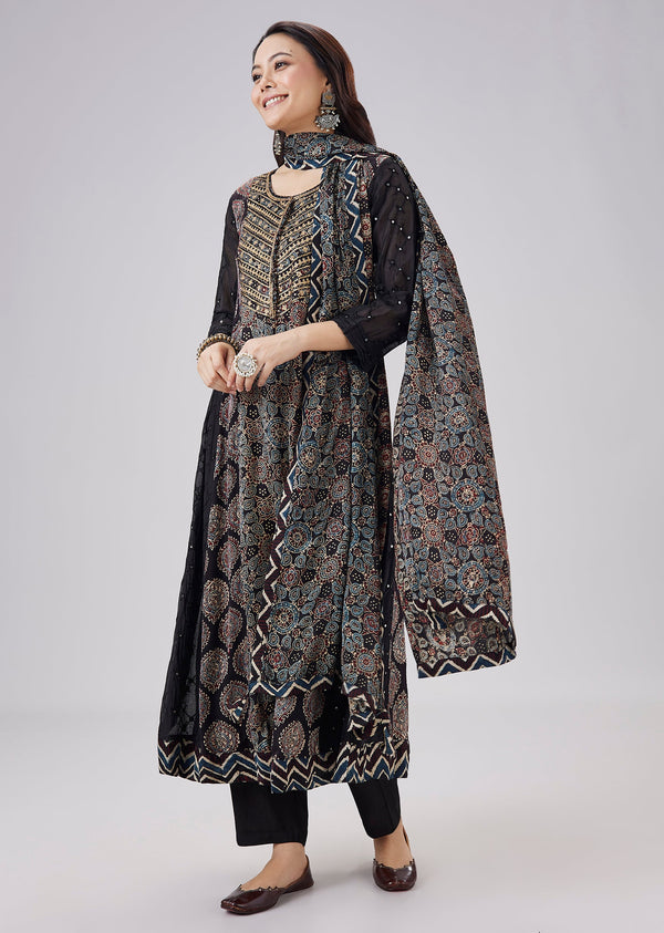 Black Pure Ajrakh Printed Silk Anarkali Set With Zari Embroidery