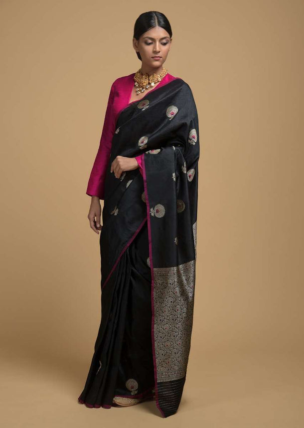 Black Pure Handloom Saree In Silk With Woven Floral Buttis And Jaal On The Pallu