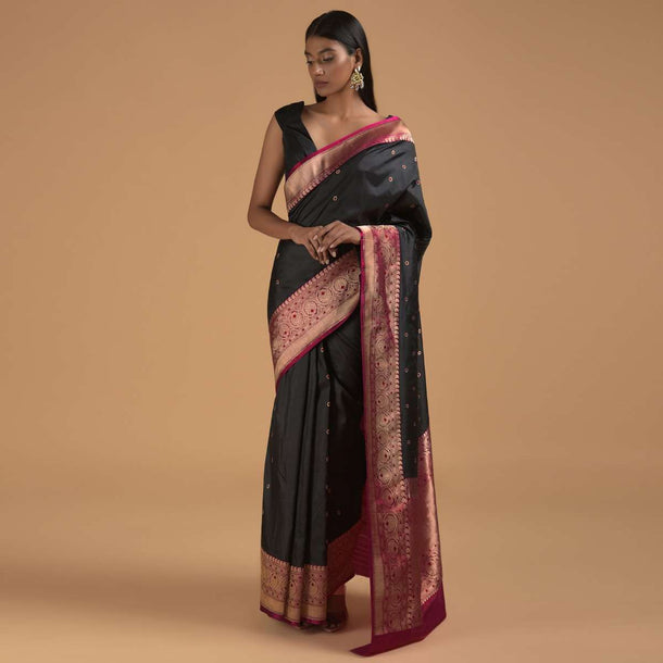 Black Pure Handloom Saree In Silk With Woven Flower Buttis And Magenta Border