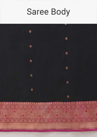 Black Pure Handloom Saree In Silk With Woven Flower Buttis And Magenta Border