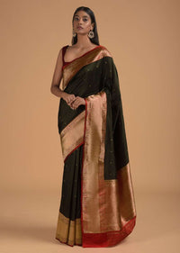 Black Pure Handloom Saree In Silk With Woven Flower Buttis And Red Border Online - Kalki Fashion
