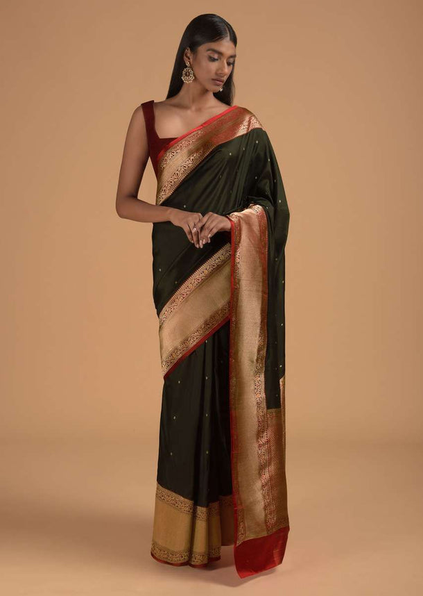 Black Pure Handloom Saree In Silk With Woven Flower Buttis And Red Border Online - Kalki Fashion