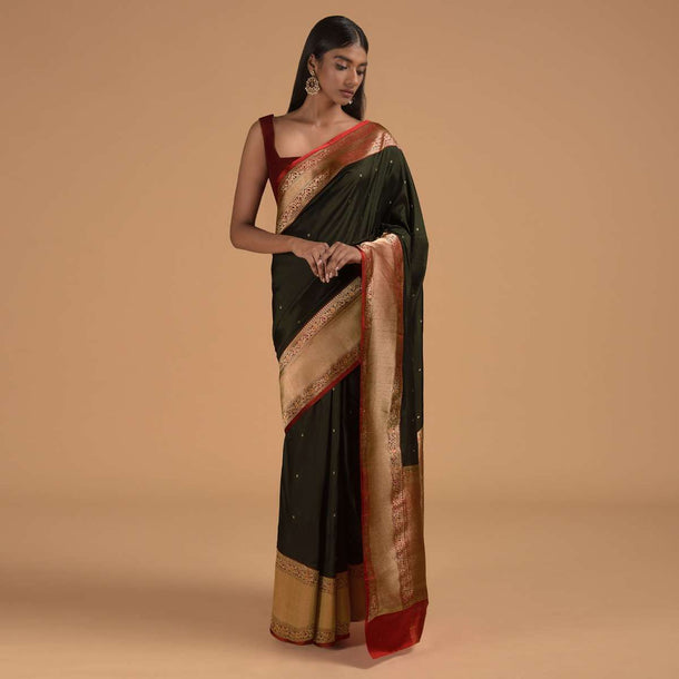 Black Pure Handloom Saree In Silk With Woven Flower Buttis And Red Border Online - Kalki Fashion