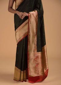 Black Pure Handloom Saree In Silk With Woven Flower Buttis And Red Border Online - Kalki Fashion
