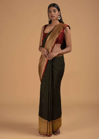 Black Pure Handloom Saree In Silk With Woven Flower Buttis And Red Border Online - Kalki Fashion