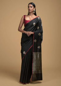 Black Pure Handloom Saree In Tussar Silk With Woven Floral Buttis And Jaal On The Pallu Online - Kalki Fashion