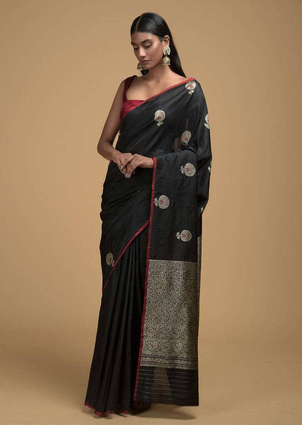 Black Pure Handloom Saree In Tussar Silk With Woven Floral Buttis And Jaal On The Pallu Online - Kalki Fashion