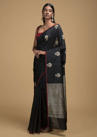 Black Pure Handloom Saree In Tussar Silk With Woven Floral Buttis And Jaal On The Pallu Online - Kalki Fashion