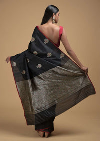 Black Pure Handloom Saree In Tussar Silk With Woven Floral Buttis And Jaal On The Pallu Online - Kalki Fashion