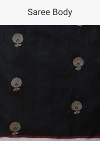 Black Pure Handloom Saree In Tussar Silk With Woven Floral Buttis And Jaal On The Pallu Online - Kalki Fashion