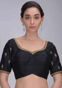 Black Blouse In Embroidered Raw Silk Online - Kalki Fashion
