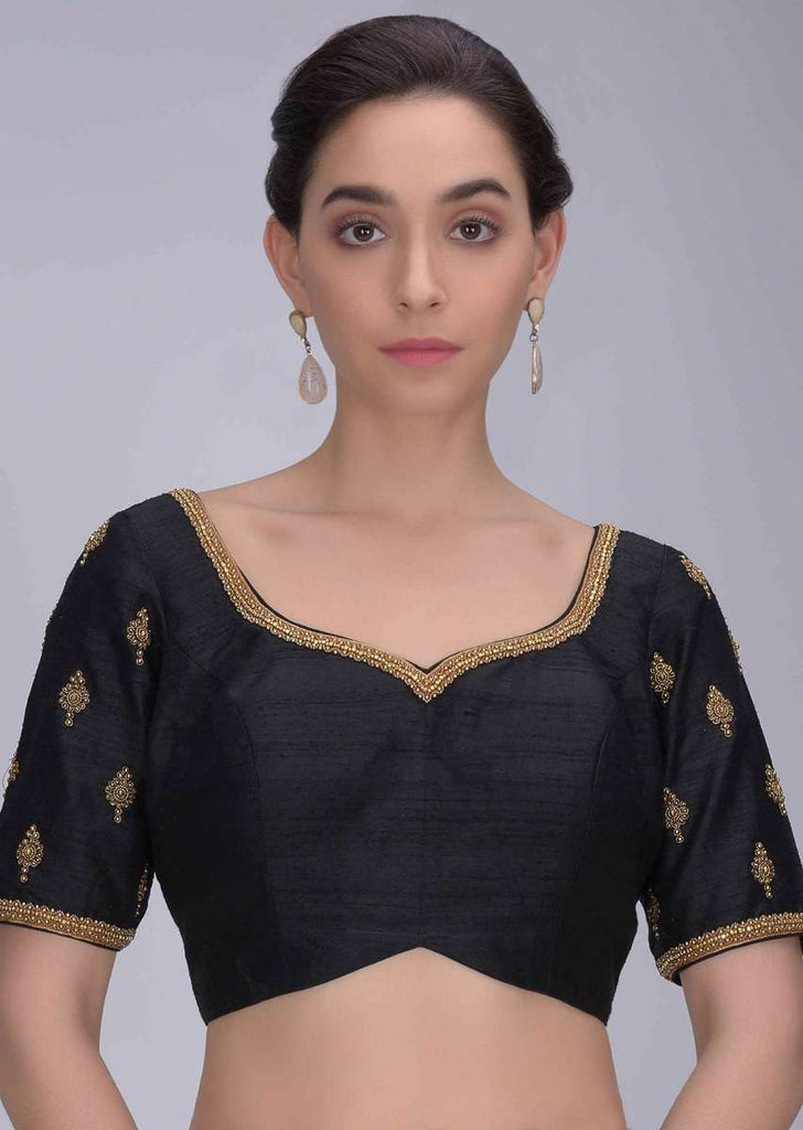Black Blouse In Embroidered Raw Silk Online - Kalki Fashion