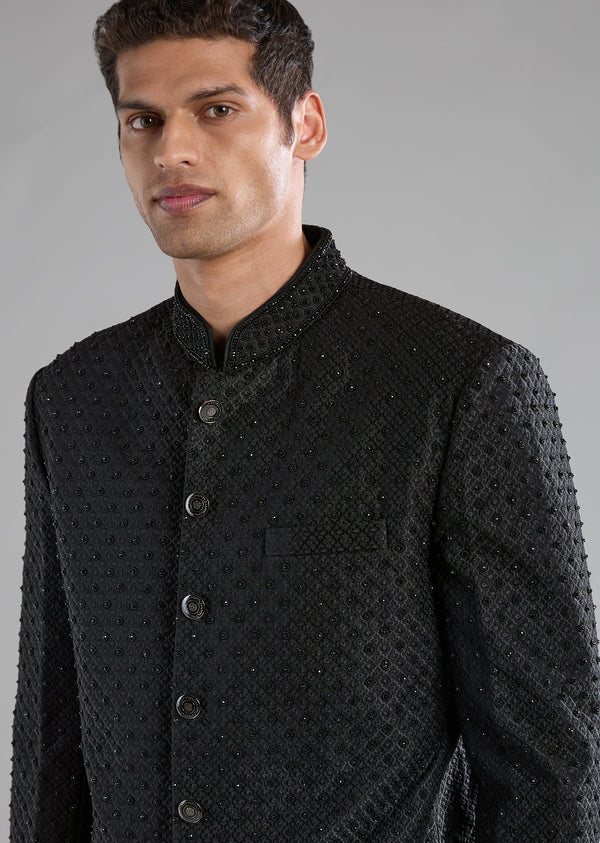 Black Rayon Jodhpuri Set with Bead Work