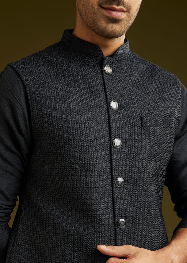 Black Rayon Kurta Jacket Set