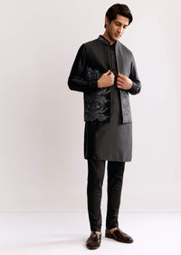 Black Rayon Kurta Jacket Set With Embroidery