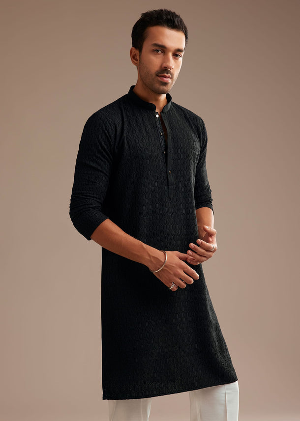 Black Rayon Kurta Set With Self Work Embroidery