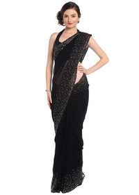 Black saree adorn in gold and silver kundan embroidery only on Kalki