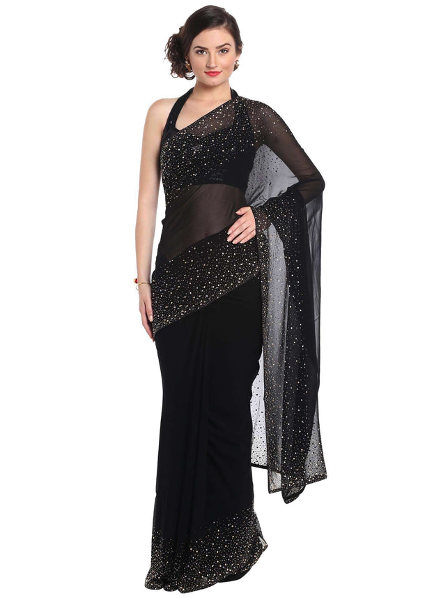 Black saree adorn in gold and silver kundan embroidery only on Kalki