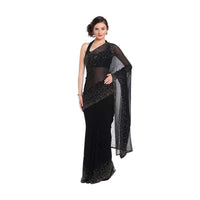 Black saree adorn in gold and silver kundan embroidery only on Kalki