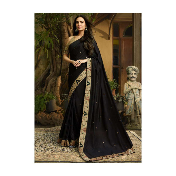 Black saree embellished in ikkat motif embroidery Online - Kalki Fashion